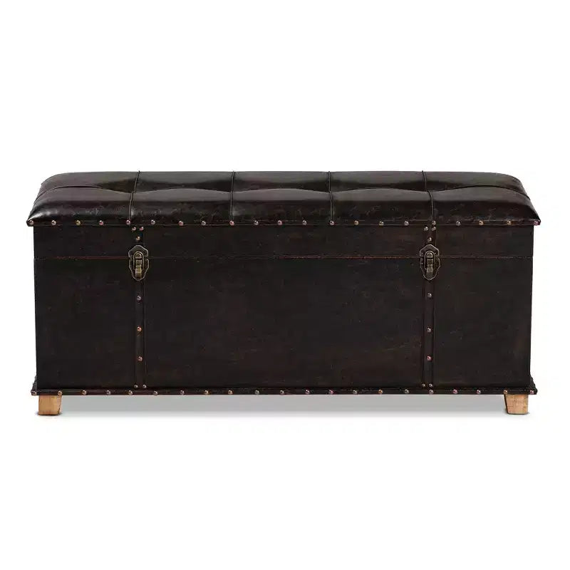 Pouffe de rangement Janna Rustic en similicuir et bois, marron foncé/chêne brun - Baxton Studio