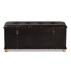 Pouffe de rangement Janna Rustic en similicuir et bois, marron foncé/chêne brun - Baxton Studio