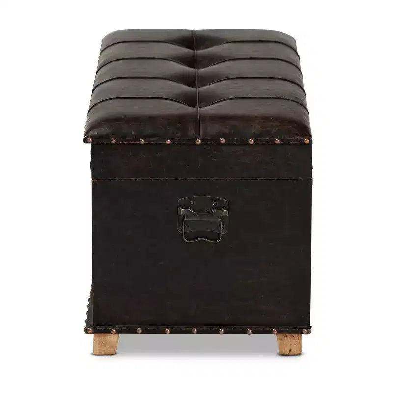 Pouffe de rangement Janna Rustic en similicuir et bois, marron foncé/chêne brun - Baxton Studio