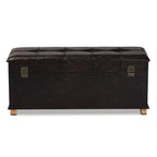 Pouffe de rangement Janna Rustic en similicuir et bois, marron foncé/chêne brun - Baxton Studio