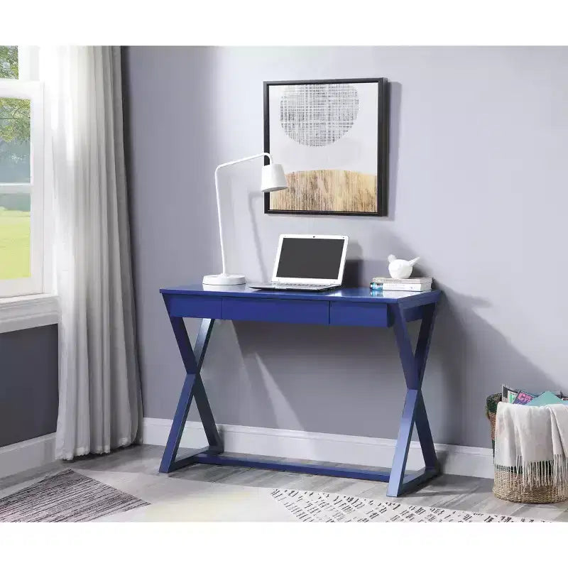 Bureau Nalo finition Bleu crépuscule - Meubles Acme : Bois de peuplier et MDF modernes, piètement en X, tiroir universel