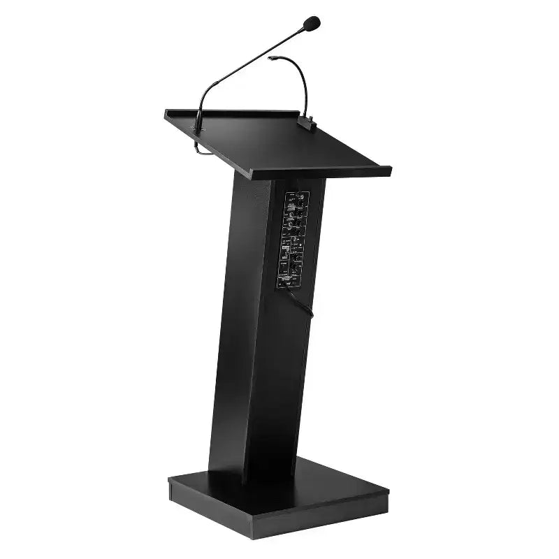 Pupitre de conférence ZED avec haut-parleur noir - Hampden Furnishings : 40 W, lampe halogène, minuteur numérique, micro col de cygne