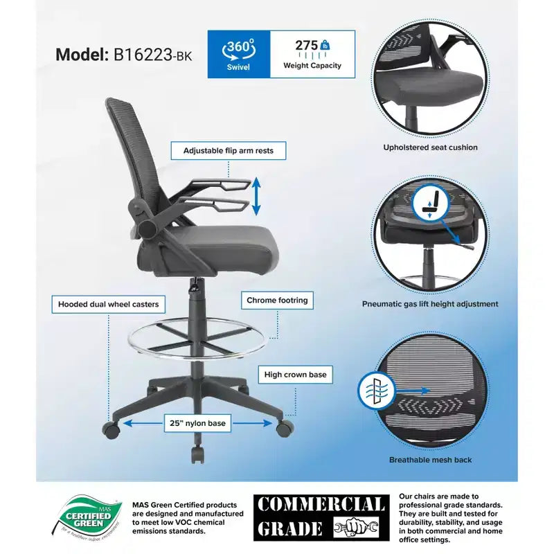 Tabouret de dessinateur avec accoudoirs relevables en maille noire - Boss Office Products