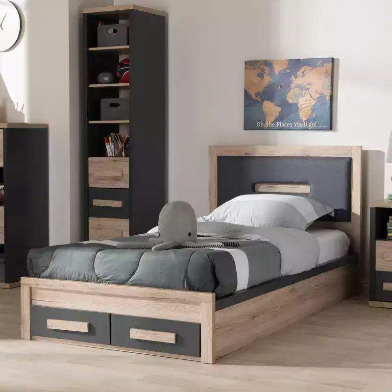 Lit plateforme de rangement Baxton Studio Twin Pandora moderne et contemporain deux tons 2 tiroirs Gris foncé/naturel : Tête de lit rembourrée
