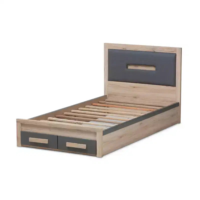 Lit plateforme de rangement Baxton Studio Twin Pandora moderne et contemporain deux tons 2 tiroirs Gris foncé/naturel : Tête de lit rembourrée