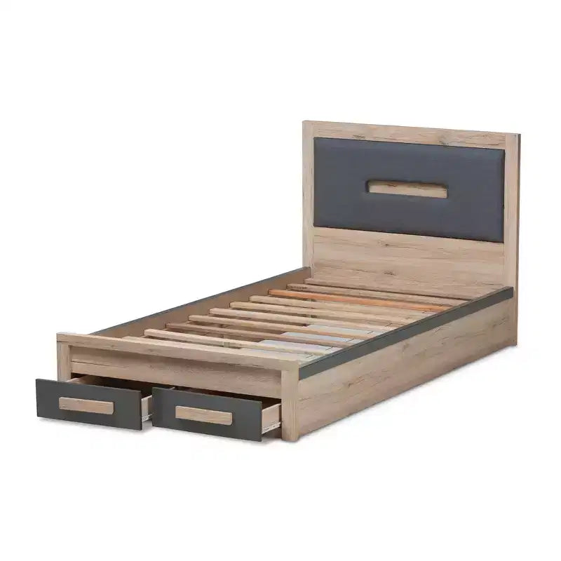 Lit plateforme de rangement Baxton Studio Twin Pandora moderne et contemporain deux tons 2 tiroirs Gris foncé/naturel : Tête de lit rembourrée