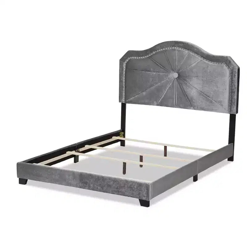 Lit rembourré en tissu velours Embla Queen Gris – Baxton Studio : Design capitonné moderne, Finition brillante, Rembourrage en mousse, Cadre en MDF