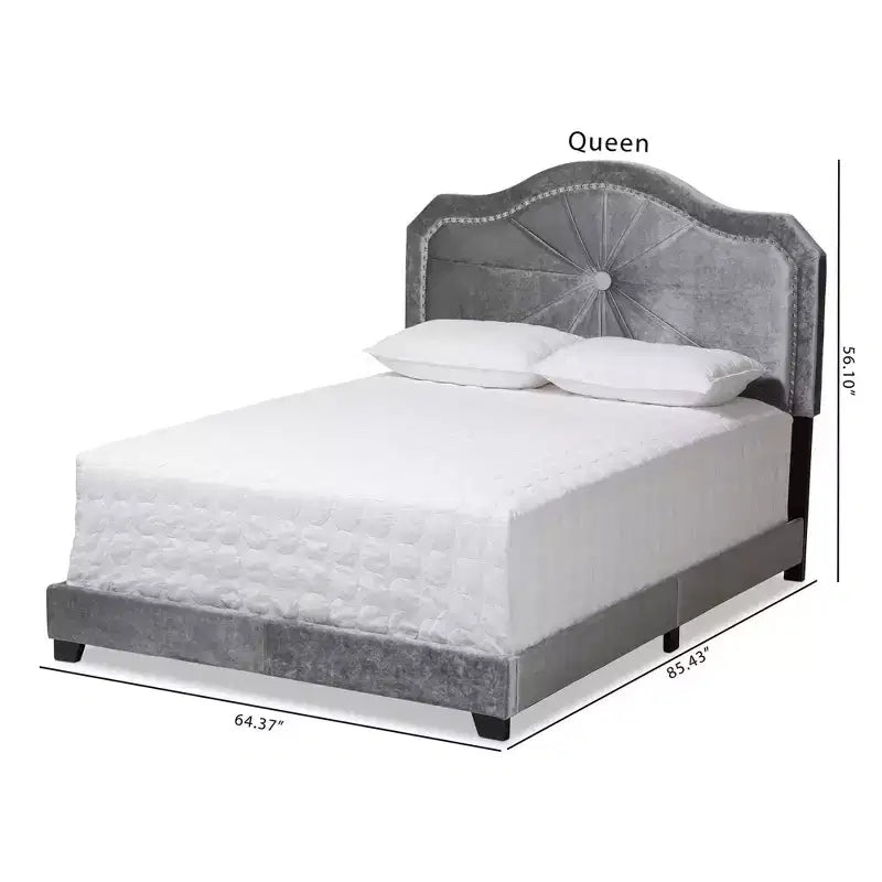 Lit rembourré en tissu velours Embla Queen Gris – Baxton Studio : Design capitonné moderne, Finition brillante, Rembourrage en mousse, Cadre en MDF