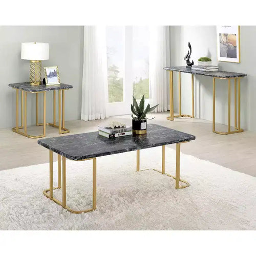 Ensemble de 3 tables basses Trillick avec plateau en faux marbre Or/Noir - miBasics : Structure en métal de style Mid-Century, finition thermolaquée