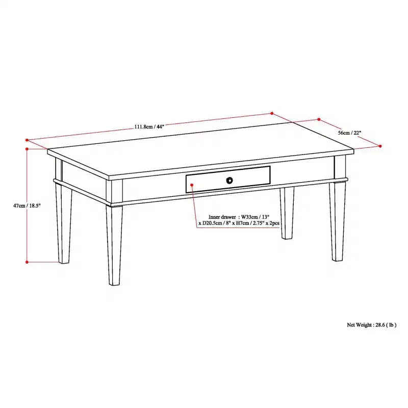 Table basse WyndenHall en bois massif de 112 cm avec tiroir, finition laquée