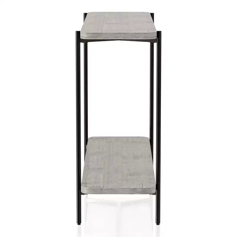 Table console de canapé à 2 étagères, acier et MDF style industriel-rustique, finition noir sablé et gris clair