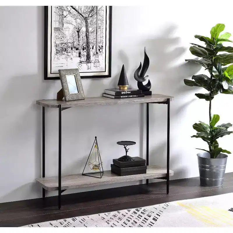 Table console de canapé à 2 étagères, acier et MDF style industriel-rustique, finition noir sablé et gris clair