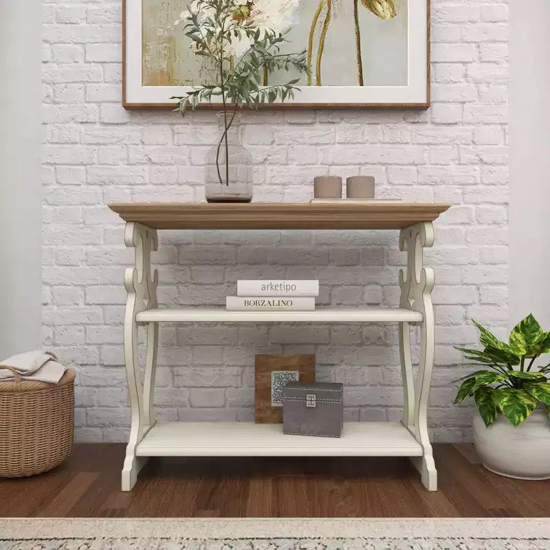 Console en bois de ferme blanc cassé - Olivia & May : 2 étagères, profil haut