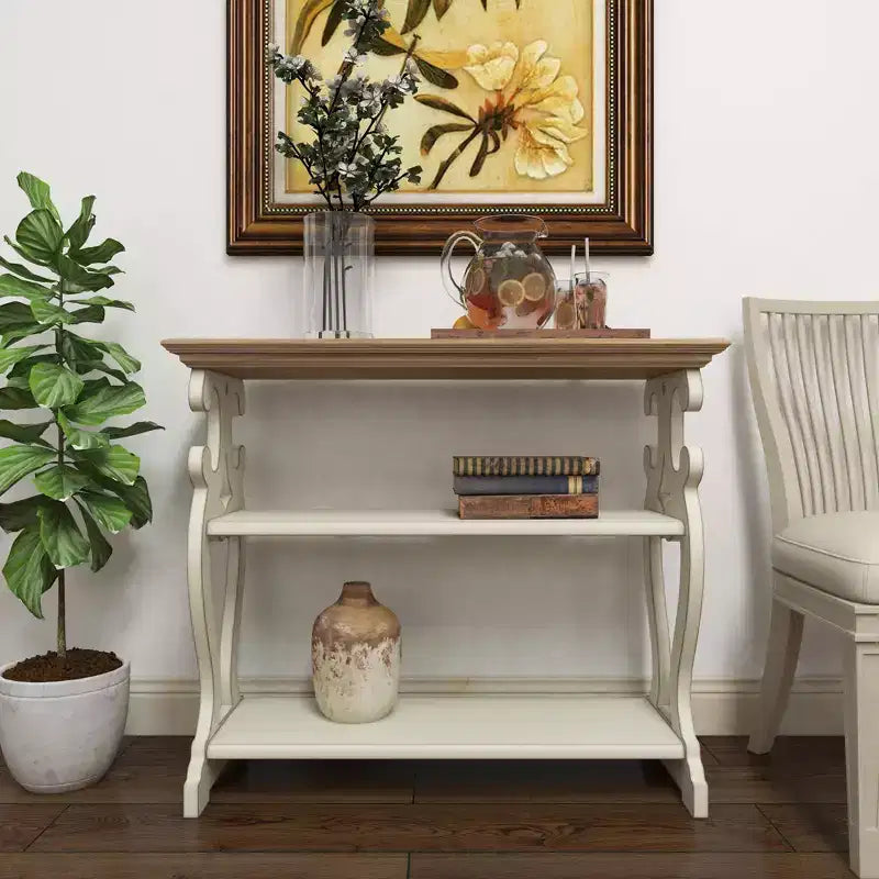 Console en bois de ferme blanc cassé - Olivia & May : 2 étagères, profil haut