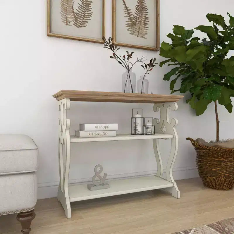 Console en bois de ferme blanc cassé - Olivia & May : 2 étagères, profil haut