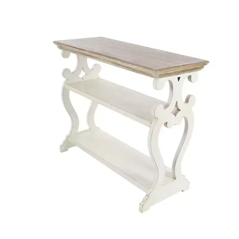 Console en bois de ferme blanc cassé - Olivia & May : 2 étagères, profil haut
