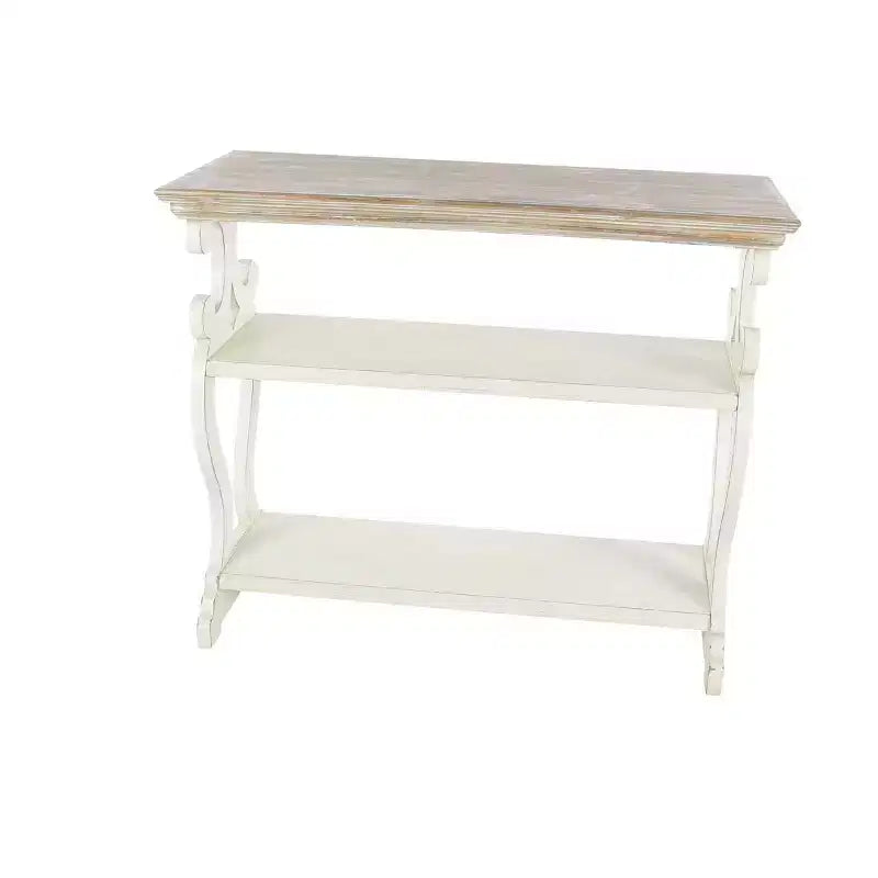 Console en bois de ferme blanc cassé - Olivia & May : 2 étagères, profil haut