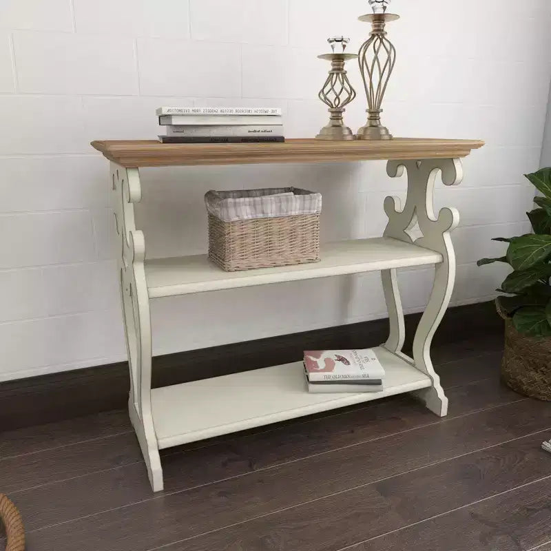 Console en bois de ferme blanc cassé - Olivia & May : 2 étagères, profil haut