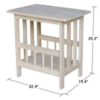 Table d'appoint inachevée Mission Magazine - International Concepts : Cadre en bois franc, Rangement, Pieds en bois, Forme rectangulaire, 23,2" de hauteur