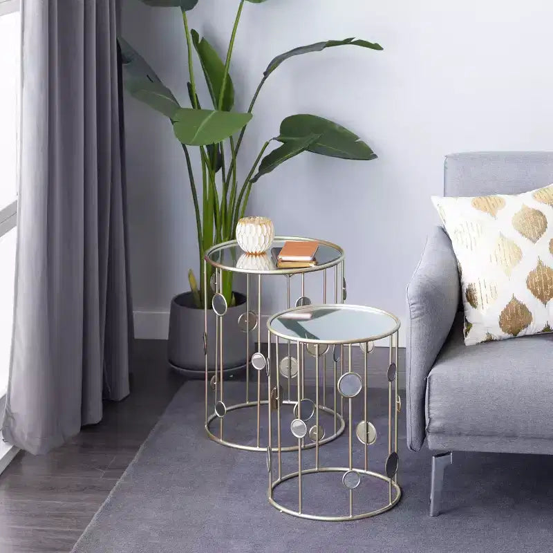 Lot de 2 tables d'appoint contemporaines en métal avec plateau miroir doré - Olivia & May : aucun assemblage requis, cadre en fer