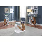 Table basse piédestal Saxon blanche - miBasics : Table d'entrée moderne, plateau en verre trempé, placage bois