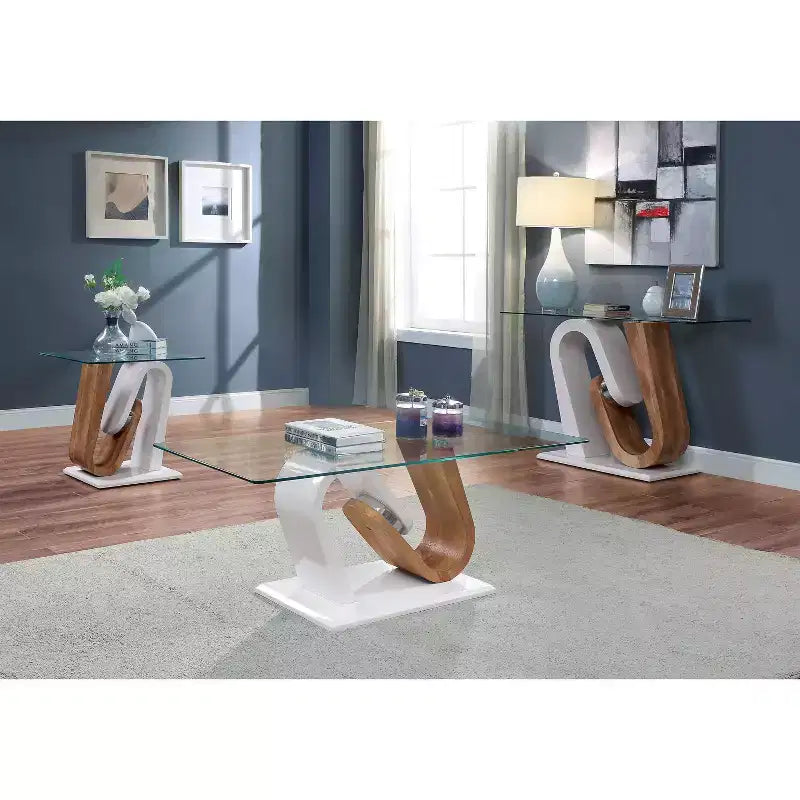 Table basse piédestal Saxon blanche - miBasics : Table d'entrée moderne, plateau en verre trempé, placage bois