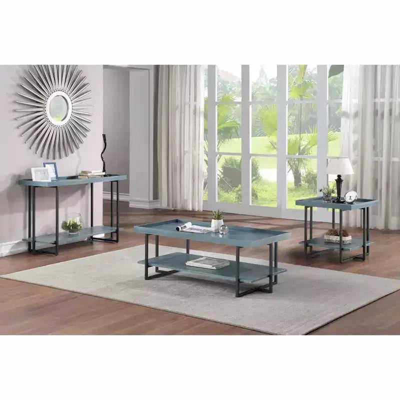 HOMES: Inside + Out Table basse rectangulaire Grislare Bleue : Design rustique contemporain, étagères de rangement ouvertes, métal et MDF