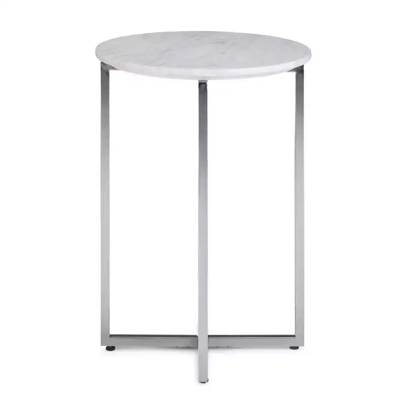 Table d'appoint contemporaine en métal large 18" Farnell avec base chromée Blanc/Argent - WyndenHall : Dessus en marbre, Table d'appoint ronde