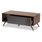 Table basse en bois bicolore Naoki 1 tiroir gris/noyer - Baxton Studio : Table rectangulaire moderne en panneaux de particules avec étagère
