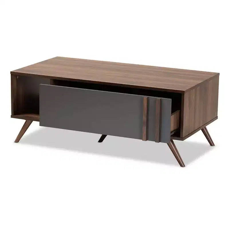 Table basse en bois bicolore Naoki 1 tiroir gris/noyer - Baxton Studio : Table rectangulaire moderne en panneaux de particules avec étagère