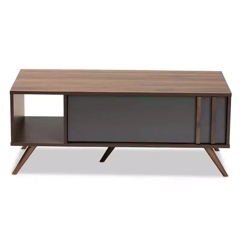 Table basse en bois bicolore Naoki 1 tiroir gris/noyer - Baxton Studio : Table rectangulaire moderne en panneaux de particules avec étagère