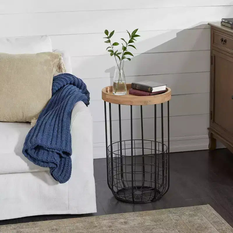Table d'appoint industrielle en métal noir - Olivia & May : Table d'appoint ronde en fer, aucun assemblage requis