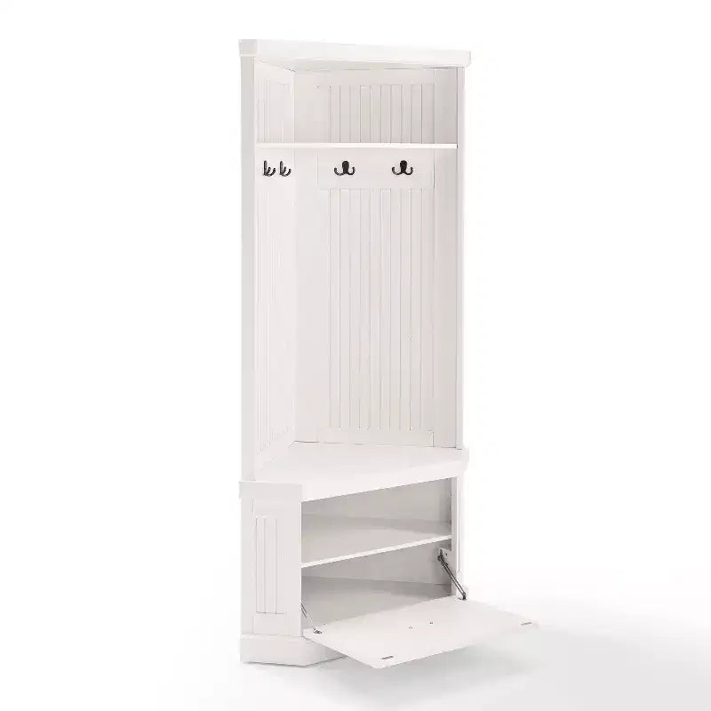 Portemanteau d'entrée Seaside Corner en blanc vieilli - Crosley : Organisateur d'entrée avec rangement à chaussures, 4 crochets