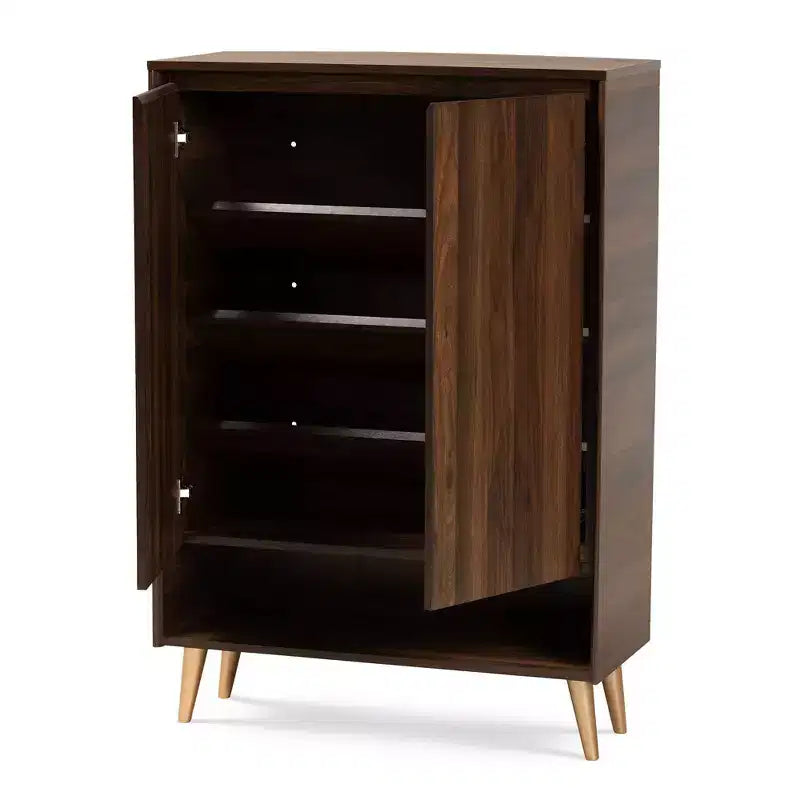 Meuble à chaussures Landen Mid-Century Modern 2 portes Noyer/Marron/Doré - Baxton Studio : Organiseur d'entrée en MDF, peut contenir 4 paires