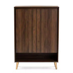 Meuble à chaussures Landen Mid-Century Modern 2 portes Noyer/Marron/Doré - Baxton Studio : Organiseur d'entrée en MDF, peut contenir 4 paires