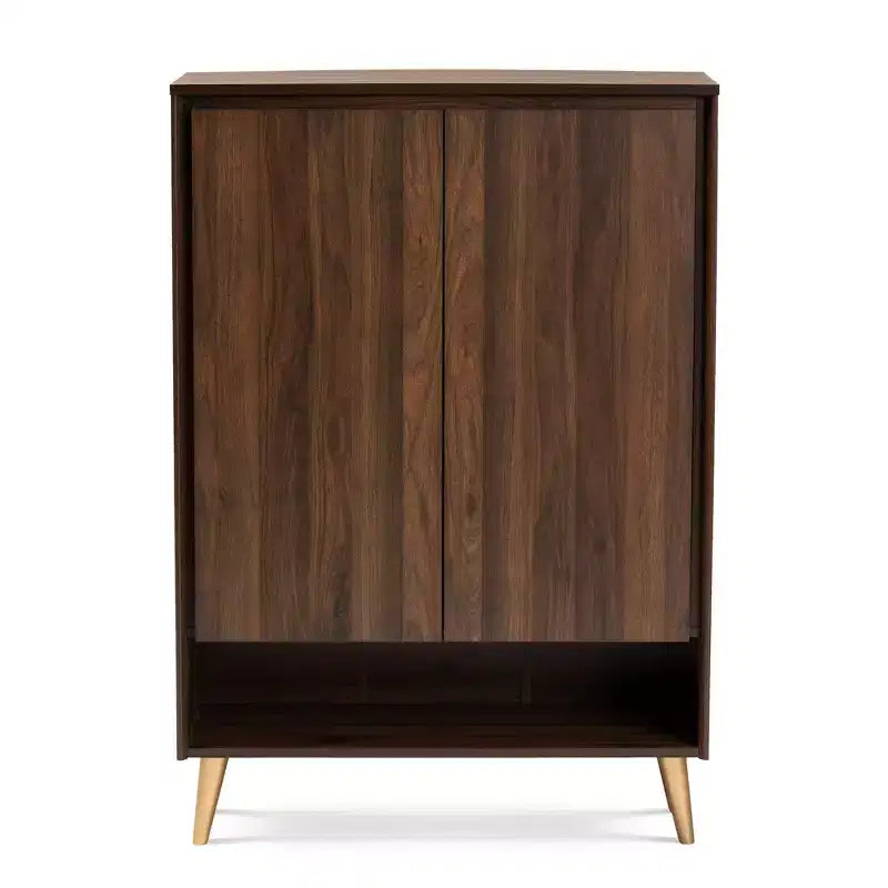 Meuble à chaussures Landen Mid-Century Modern 2 portes Noyer/Marron/Doré - Baxton Studio : Organiseur d'entrée en MDF, peut contenir 4 paires