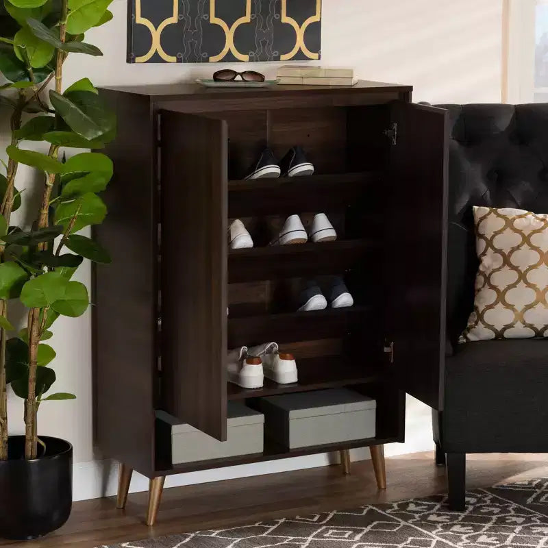 Meuble à chaussures Landen Mid-Century Modern 2 portes Noyer/Marron/Doré - Baxton Studio : Organiseur d'entrée en MDF, peut contenir 4 paires
