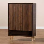 Meuble à chaussures Landen Mid-Century Modern 2 portes Noyer/Marron/Doré - Baxton Studio : Organiseur d'entrée en MDF, peut contenir 4 paires
