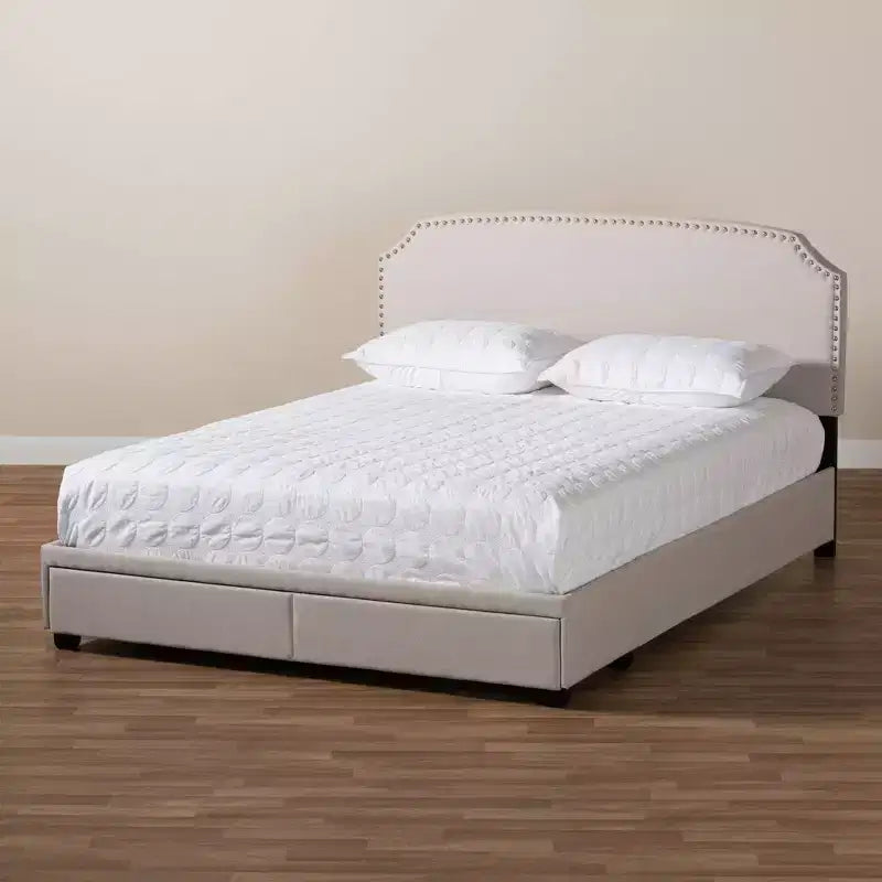 Lit plateforme Baxton Studio Queen Larese avec 2 tiroirs de rangement, tissu beige/noir : Style moderne du milieu du siècle, sommier tapissier non requis.