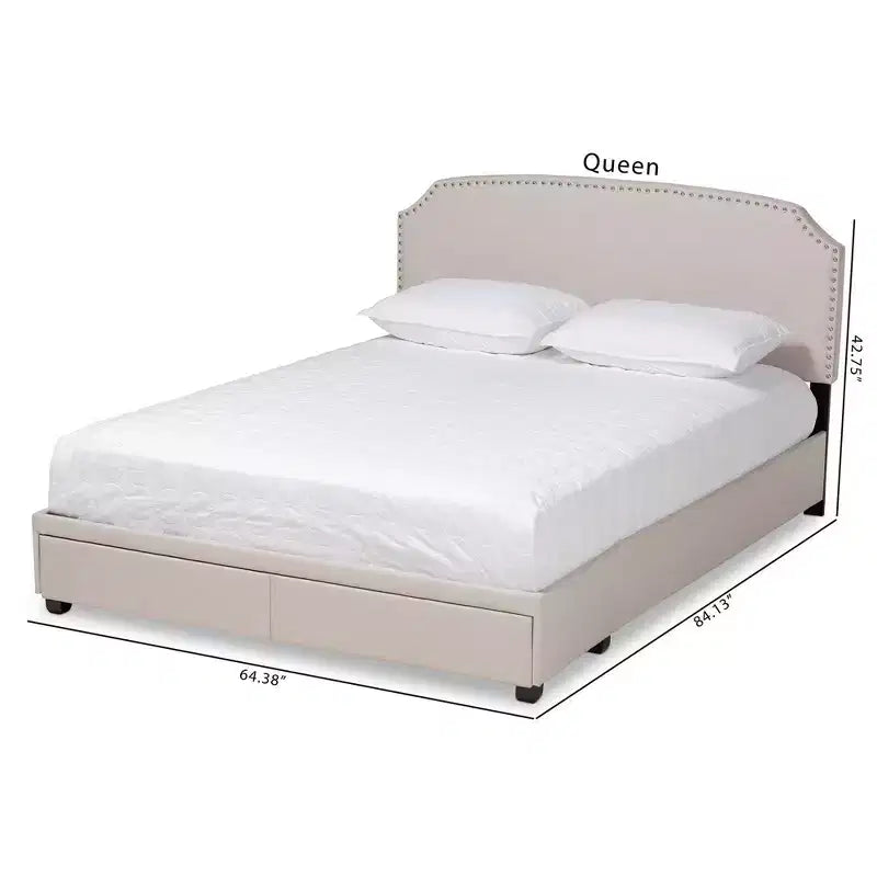 Lit plateforme Baxton Studio Queen Larese avec 2 tiroirs de rangement, tissu beige/noir : Style moderne du milieu du siècle, sommier tapissier non requis.