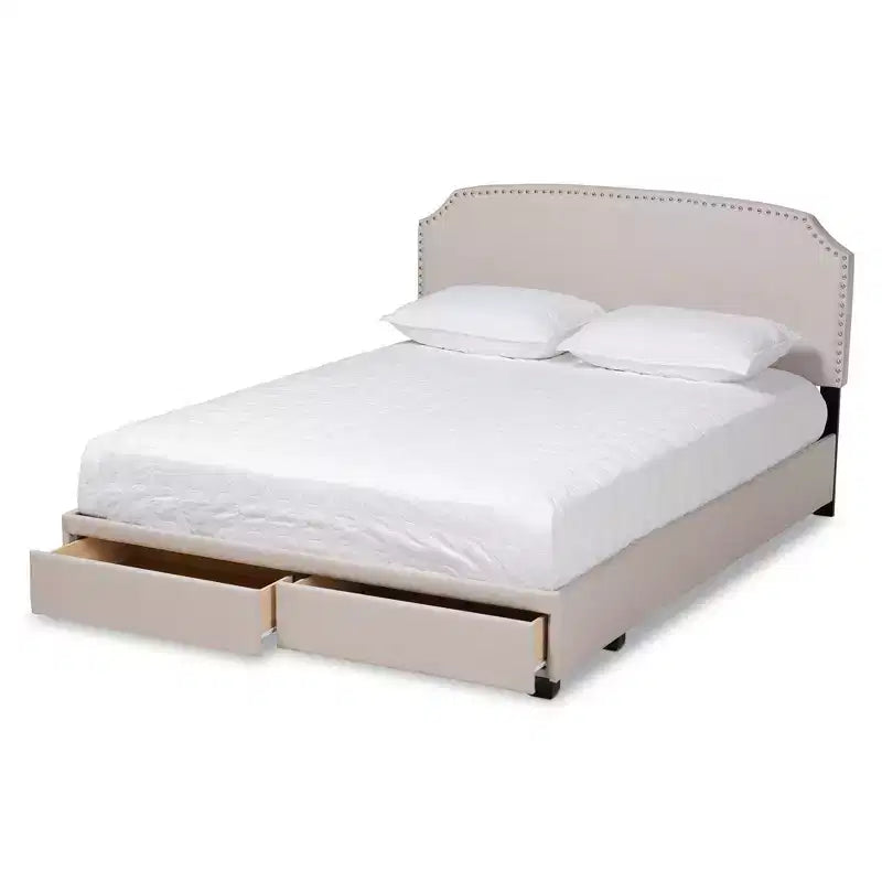 Lit plateforme Baxton Studio Queen Larese avec 2 tiroirs de rangement, tissu beige/noir : Style moderne du milieu du siècle, sommier tapissier non requis.
