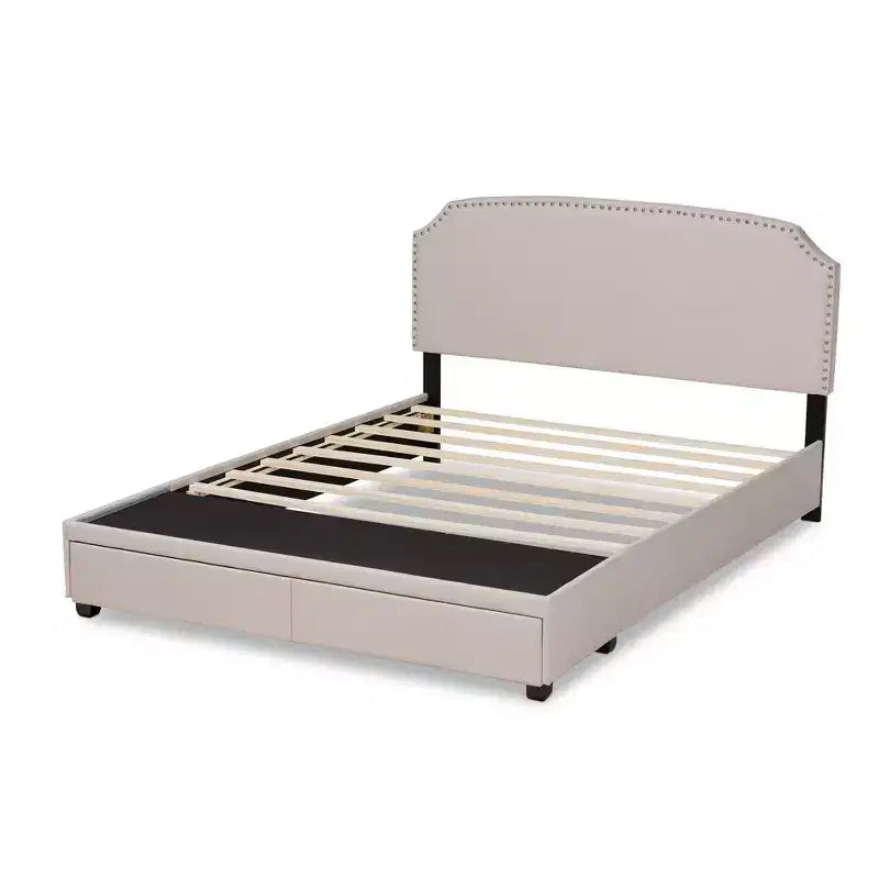 Lit plateforme Baxton Studio Queen Larese avec 2 tiroirs de rangement, tissu beige/noir : Style moderne du milieu du siècle, sommier tapissier non requis.