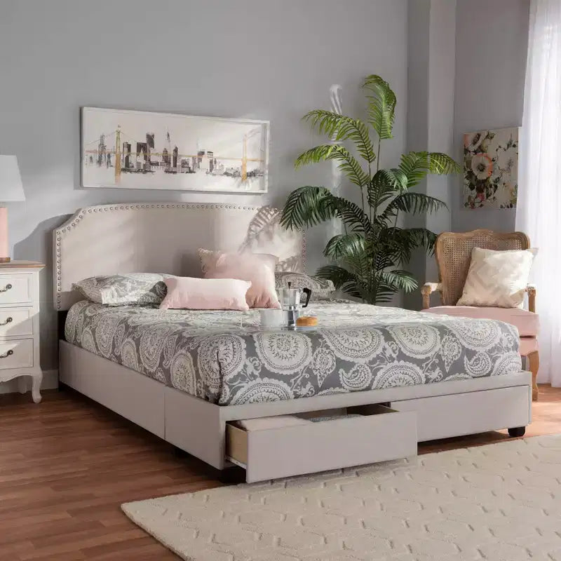 Lit plateforme Baxton Studio Queen Larese avec 2 tiroirs de rangement, tissu beige/noir : Style moderne du milieu du siècle, sommier tapissier non requis.