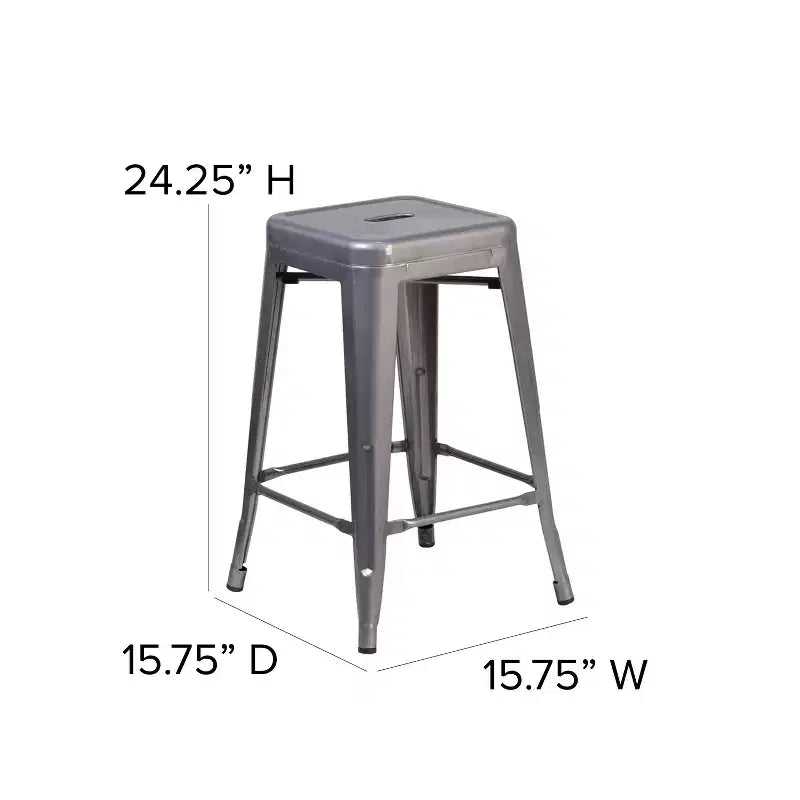 Tabouret de comptoir intérieur Flash Furniture Lincoln de 61 cm de haut sans dossier en métal finition argent antique avec revêtement transparent et assise carrée