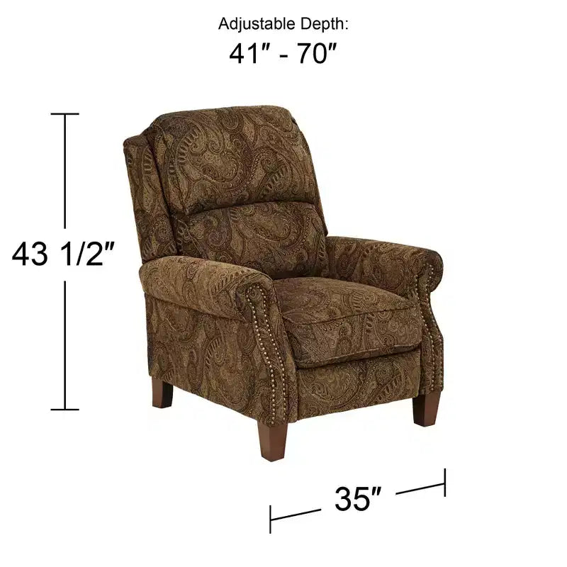 Kensington Hill Beaumont Fauteuil inclinable marron chaud à motif cachemire en tissu avec repose-pieds manuel confortable pour chambre à coucher, salon, lecture
