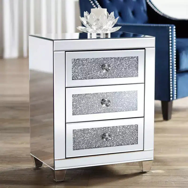 Studio 55D Gia Table d'appoint rectangulaire moderne à miroir 50,8 x 35,6 cm avec 3 tiroirs en verre argenté et cristal pour salon, chambre, chevet, entrée