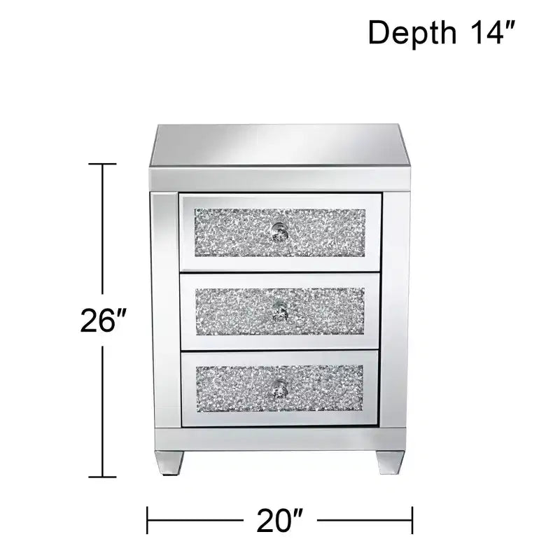 Studio 55D Gia Table d'appoint rectangulaire moderne à miroir 50,8 x 35,6 cm avec 3 tiroirs en verre argenté et cristal pour salon, chambre, chevet, entrée