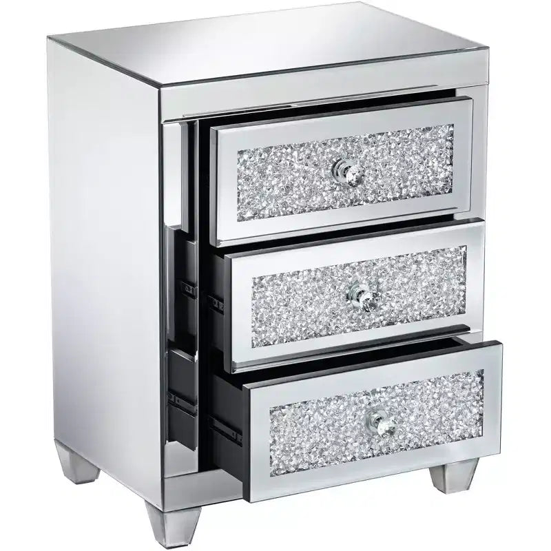 Studio 55D Gia Table d'appoint rectangulaire moderne à miroir 50,8 x 35,6 cm avec 3 tiroirs en verre argenté et cristal pour salon, chambre, chevet, entrée