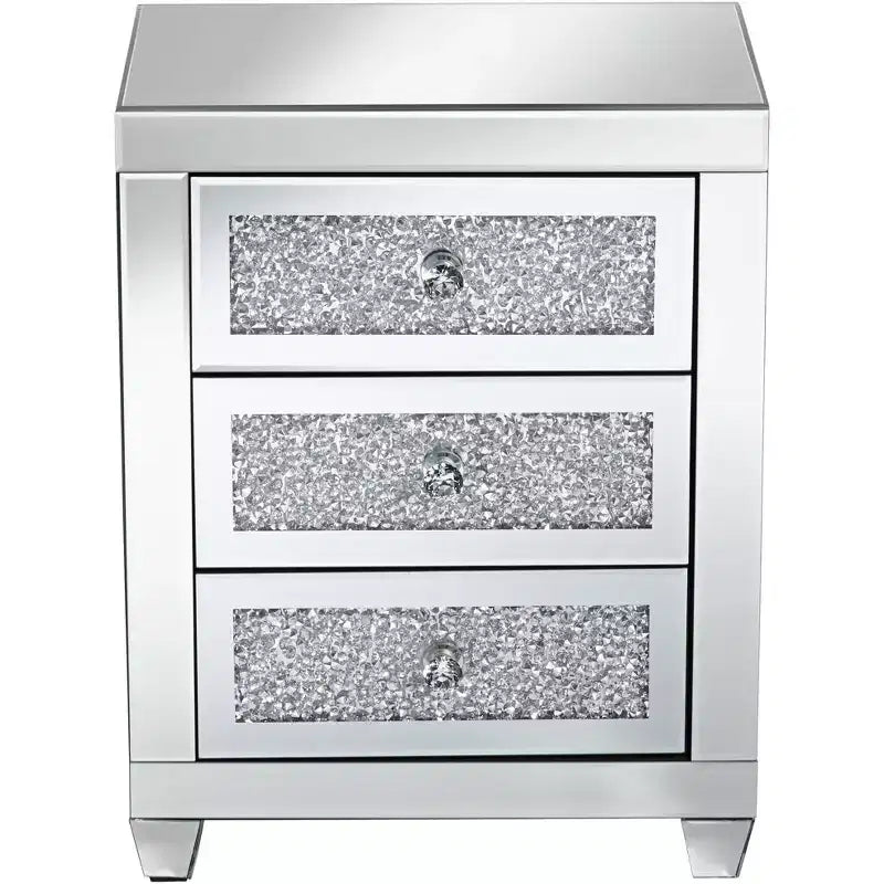 Studio 55D Gia Table d'appoint rectangulaire moderne à miroir 50,8 x 35,6 cm avec 3 tiroirs en verre argenté et cristal pour salon, chambre, chevet, entrée