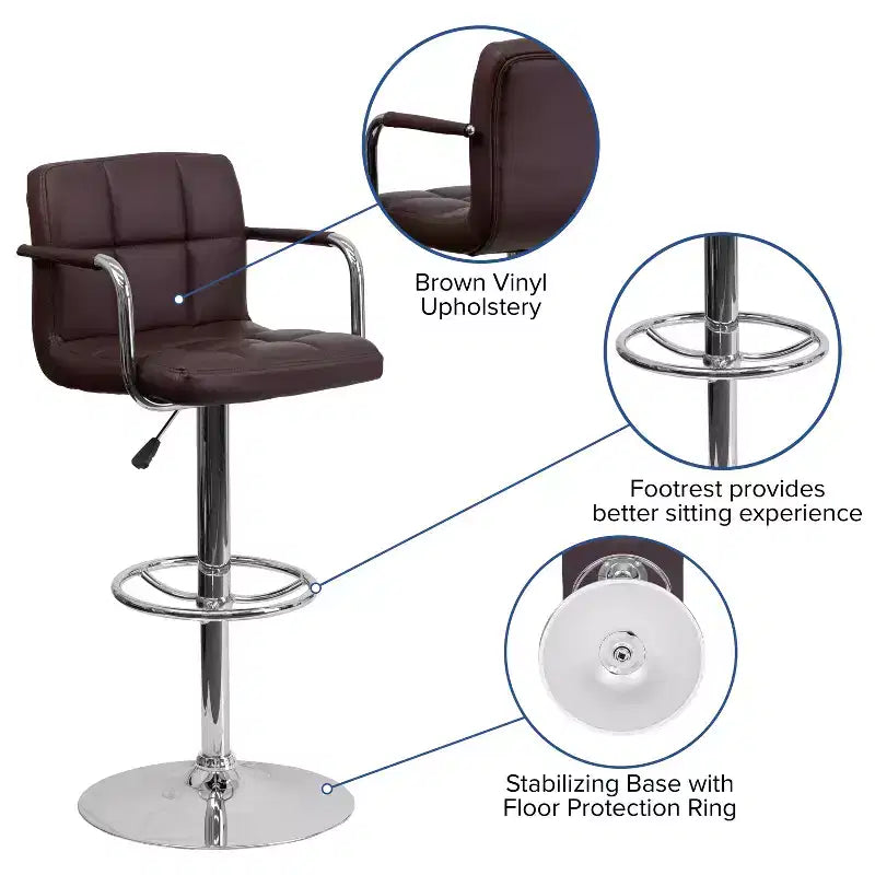 Tabouret de bar contemporain Flash Furniture en vinyle matelassé, réglable en hauteur, avec accoudoirs et base chromée